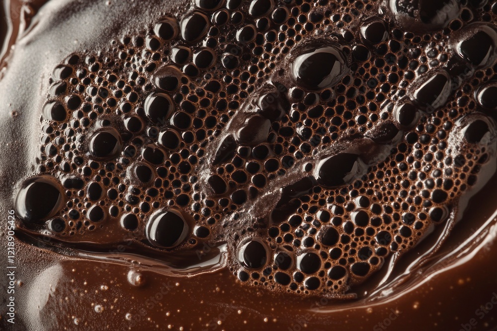 Poster a close-up of chocolate melting, with visible bubbles and intricate patterns in the liquid form of m