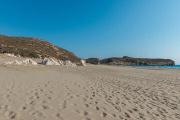 Mediterranean seacoast at the Patara beach on a sunny day with blue sea Antalya region, Turkey.