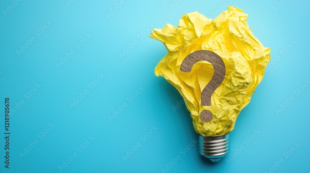 Poster illuminating questions: a conceptual image of crumpled yellow paper forming a light bulb with a ques