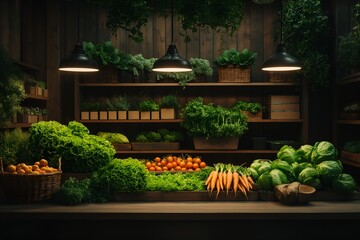 Rustic Farmers Market With Fresh Organic Vegetables On Wooden Shelves, Vibrant Carrots, Tomatoes, And Greens Under Warm Lighting