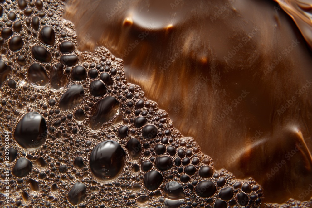 Poster a close-up of chocolate melting, with visible bubbles and intricate patterns in the liquid form of m