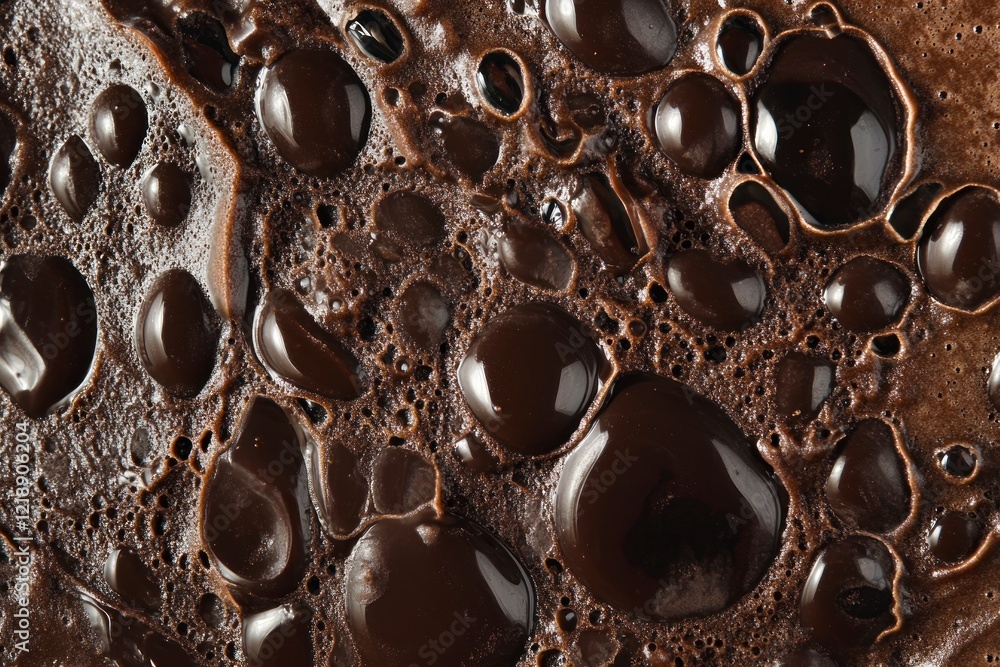Poster a close-up of chocolate melting, with visible bubbles and intricate patterns in the liquid form of m