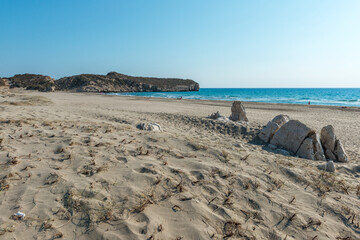 Mediterranean seacoast at the Patara beach on a sunny day with blue sea Antalya region, Turkey.