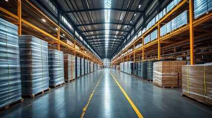 Fototapeta premium A wide view of a modern warehouse filled with stacked pallets and organized shelving