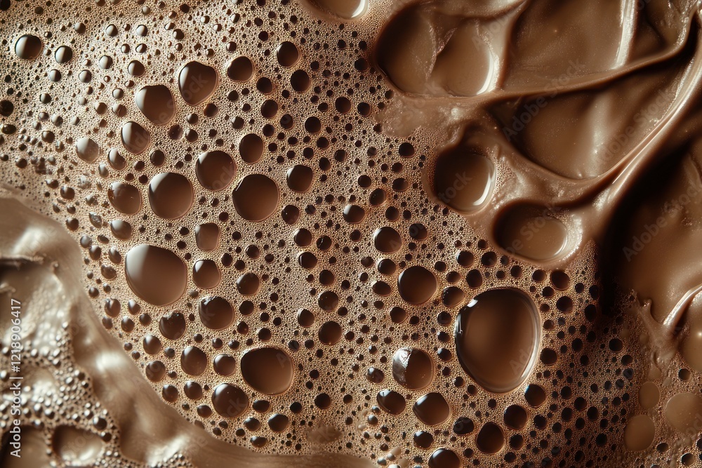 Poster a close-up of chocolate melting, with visible bubbles and intricate patterns in the liquid form of m