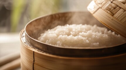 Close-up of rice in a steamer basket with bamboo. Featuring the steaming process and bamboo texture. Emphasizing the traditional cooking method. Ideal for cooking techniques and cultural content.