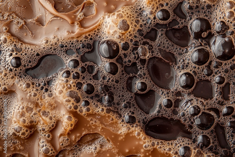 Poster a close-up of chocolate melting, with visible bubbles and intricate patterns in the liquid form of m