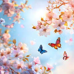 Springtime Serenity: Delicate cherry blossoms in soft pink and white hues, adorned with vibrant butterflies in flight against a gentle blue sky.