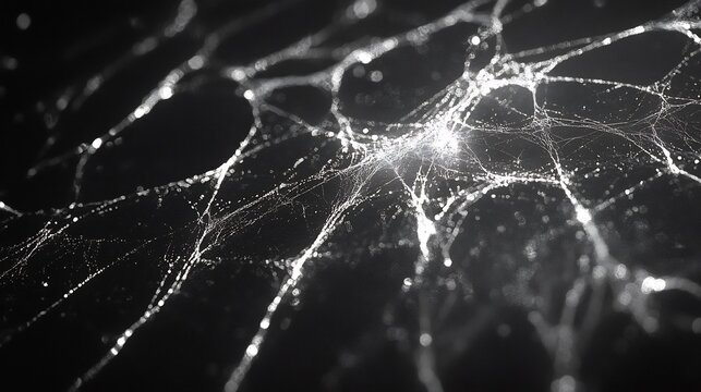 A close up of a dew covered spiderweb reflecting morning light