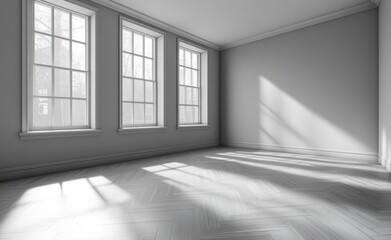 Fototapeta premium This 3D render showcases a classical empty interior with wooden flooring and gray walls