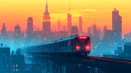 Dynamic Artistic Representation of Subway Above City Skyline in Vibrant Flat Vector Illustration