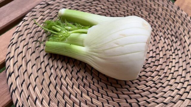 Fresh Florence fennel bulb on a place mat, close-up