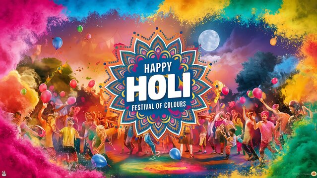 happy holi festival background design with abir, pichkari, color splash.