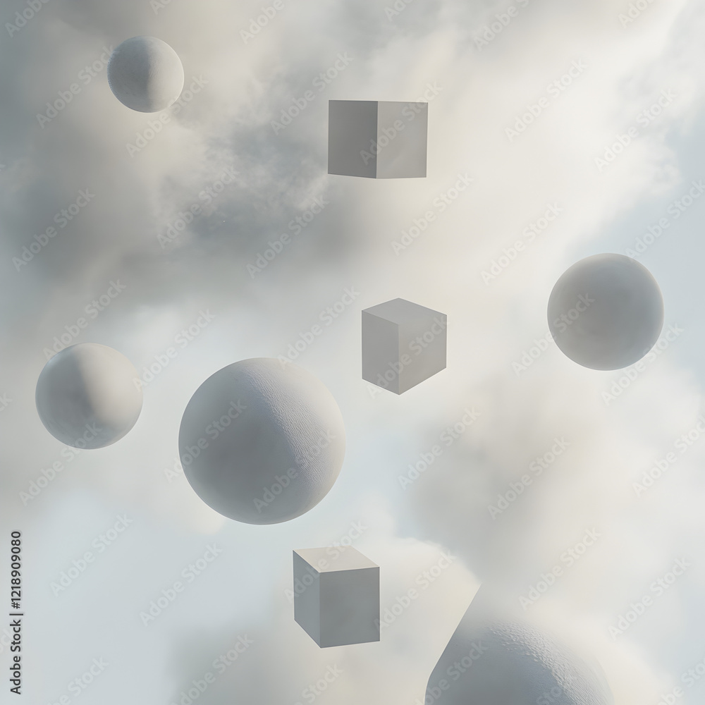 Poster floating forms: abstract composition of spheres and cubes suspended in a hazy, ethereal sky, creatin