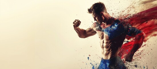A muscular superhero figure in a powerful pose, surrounded by vibrant, colorful splashes, showing strength and dynamic energy. A symbol of power and patriotism with the color theme of US flag.