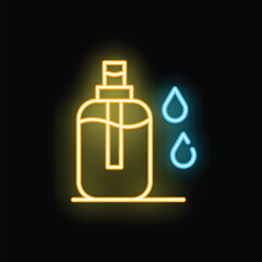 Glowing neon line perfume bottle icon isolated on black background, vector illustration