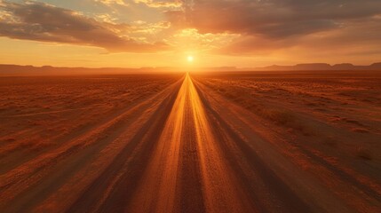 Fototapeta premium Sunset Road to Horizon: A Desert Highway at Golden Hour