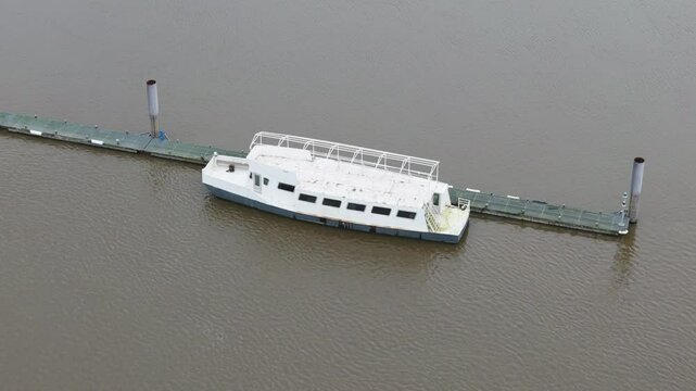 abandoned passenger river transport boat water dilapidated state vessel glimpse into region's maritime circling aerial shot temse belgium ship 
