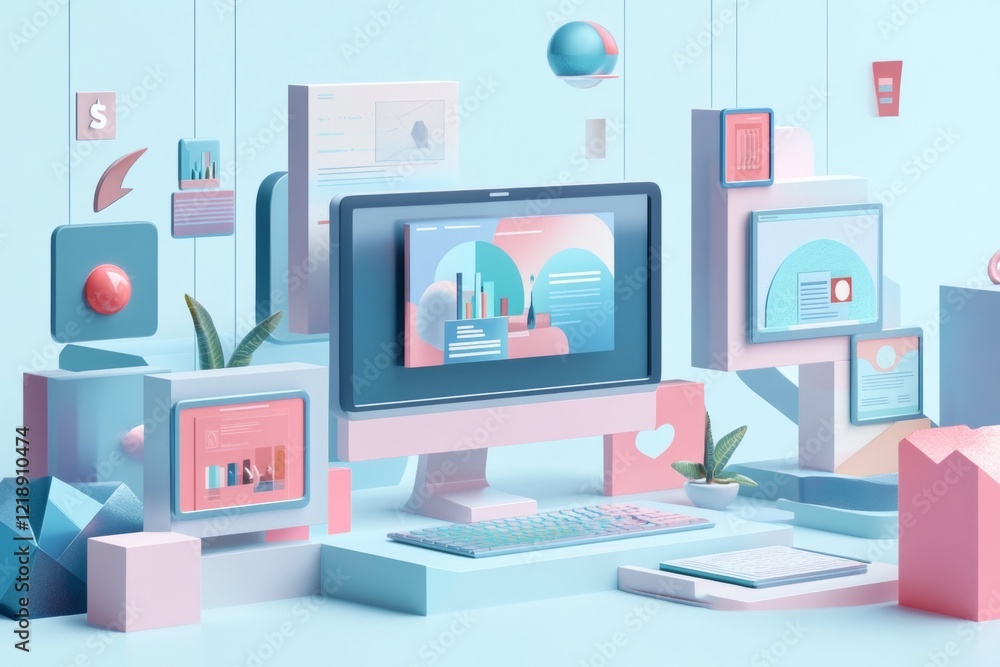 Poster showcasing diverse web design styles on screens dynamic and mobile friendly concepts in soft blue