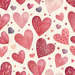 A whimsical pattern of various pink hearts on a light background, perfect for Valentine"s Day or romantic themes.