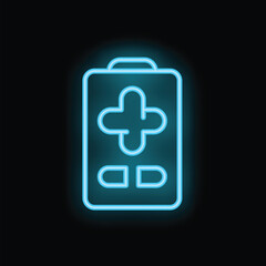 Blue neon battery icon glowing on dark background representing charging, energy, power and electricity