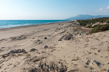 Mediterranean seacoast at the Patara beach on a sunny day with blue sea Antalya region, Turkey.