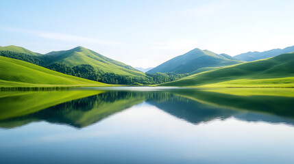 A breathtaking landscape of rolling green hills reflected in a calm lake under a clear blue sky, perfect for travel promotions, nature wallpapers, eco-friendly marketing materials. Selective focus © Rina Mskaya