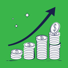 Financial growth chart, stacks of gold coins.
