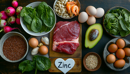 Foods with Zinc mineral on a wooden table. Top view