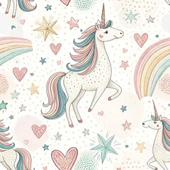 A whimsical pattern featuring unicorns, rainbows, stars, and hearts in soft pastel colors, creating a magical and playful atmosphere.