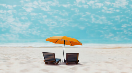 Relaxing under a sunny blue sky, beach chairs and a parasol offer a perfect tropical vacation on the sandy coast