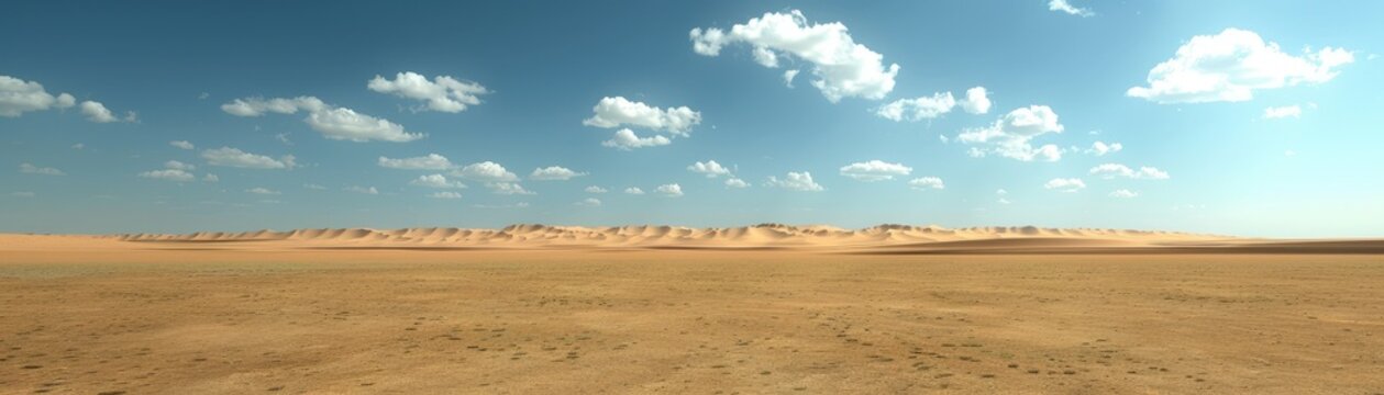 A vast desert landscape under a bright blue sky, featuring rolling sand dunes and scattered clouds.