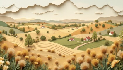 Naklejka premium Serene countryside landscape with rolling hills and farmhouses under partly cloudy skies