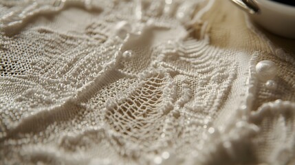 Closeup of Exquisite White Crochet Lace Fabric Texture