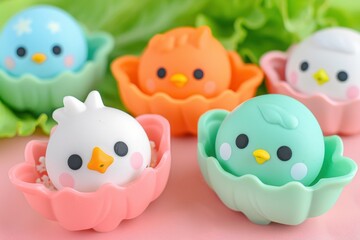 Colorful, cute bird-shaped desserts in pastel cups, surrounded by greenery, creating a playful and whimsical display.