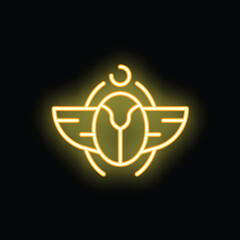 Glowing neon scarab beetle symbol with wings and a moon, shining brightly against a black background