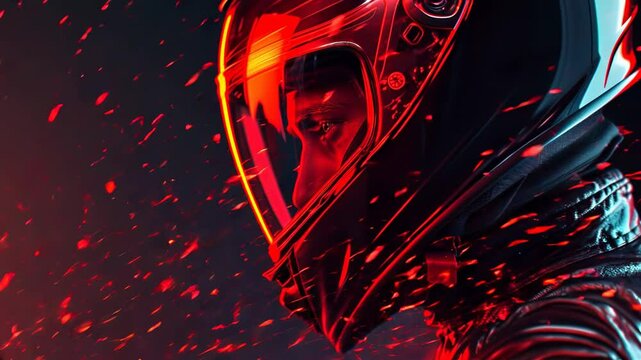Motorcycle racer in fiery red helmet amidst dynamic sparks and motion