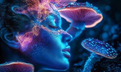 Vivid Psychedelic Experience: Human Immersed in DMT Magic Mushrooms and Hallucinogenic Psilocybin Art at Night, 