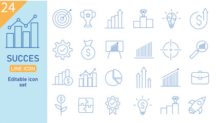 Set of success line icons. A collection of 24 outline icons related to progress, success, etc