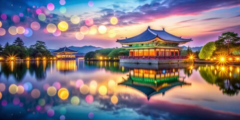 Obraz premium Donggung Palace & Wolji Pond (Anapji) Bokeh AI Photo, Korean Landscape, Tranquil Beauty, Ancient Architecture, Serene Scenery