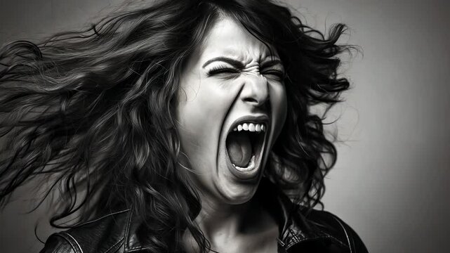 Black and white photo showing a person with a dynamic expression, hair flying, eyes squeezed shut, and mouth wide open as if shouting