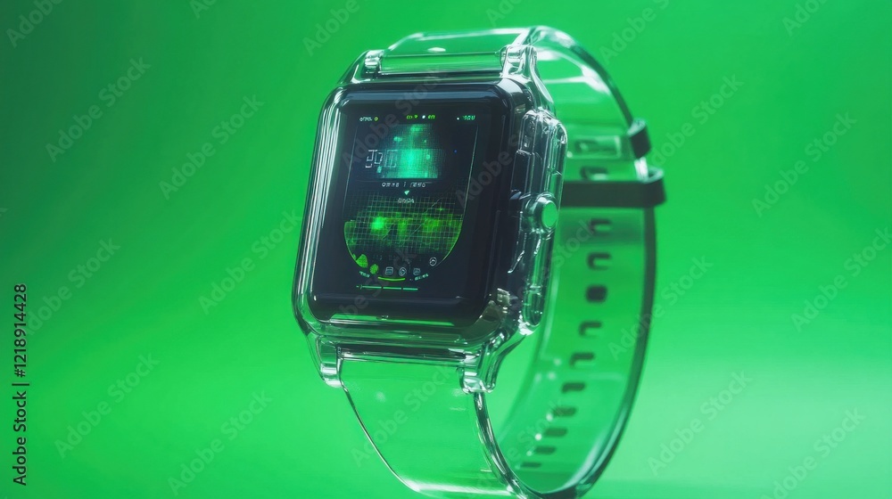 Poster clear smartwatch with green interface on a solid background showcasing a high-tech design