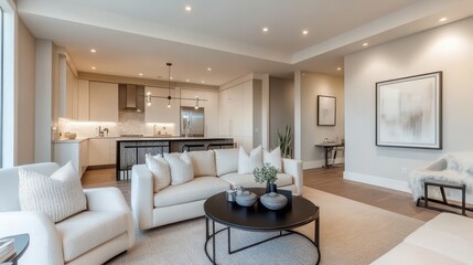A Modern, Minimalist Living Room With An Open-Plan Kitchen, Featuring Neutral Colors And Plush Furniture. The Space Feels Calm And Inviting.