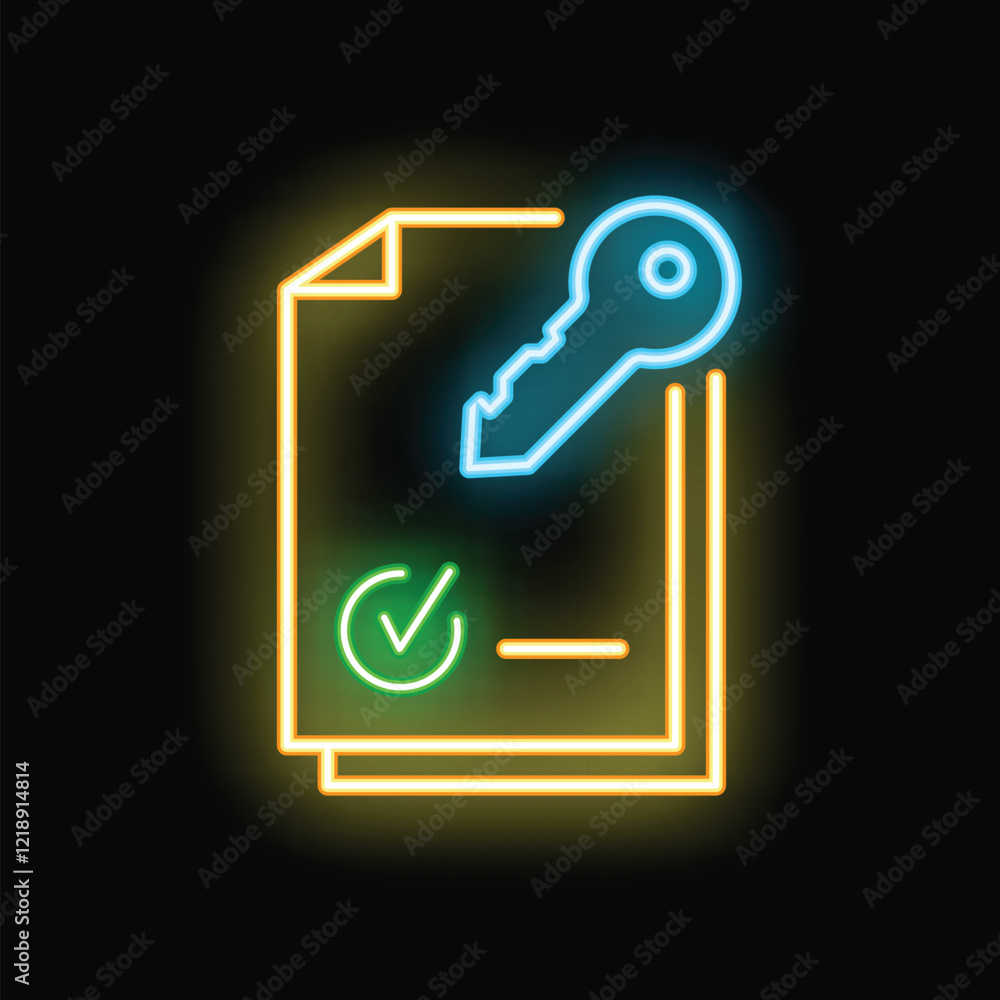 Poster neon icon of a key unlocking a document with a check mark, symbolizing successful completion or acce