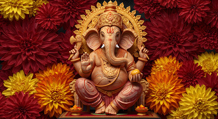 Fototapeta premium Colorful Ganesh idol surrounded by vibrant floral decorations