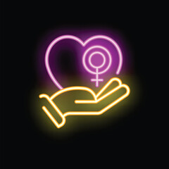 Neon sign of a hand holding a heart with a female gender symbol inside, representing the concept of female love