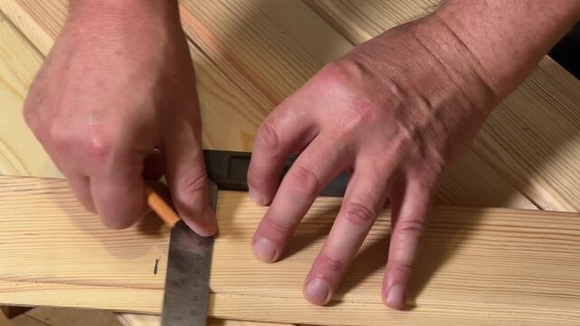 Marking of wooden planks with steel square for later cutting