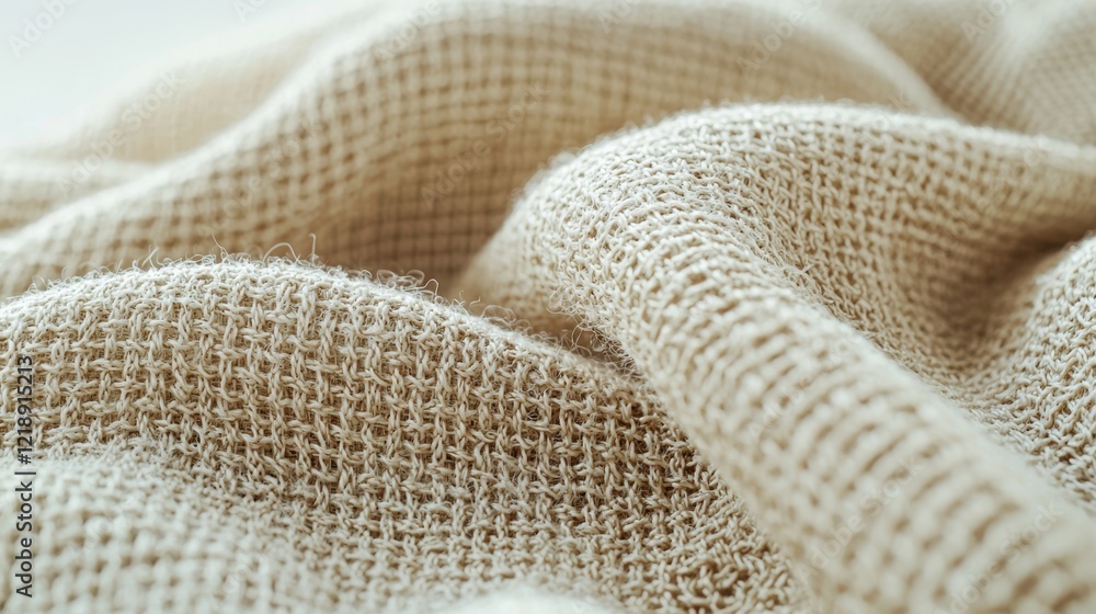 Poster close-up texture of beige burlap fabric with soft folds and patterns