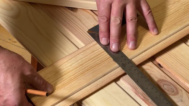 Marking of wooden planks with steel square for later cutting