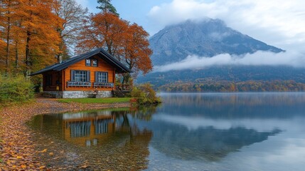 Obraz premium Autumn lake cabin, mountain reflection, misty backdrop, postcard